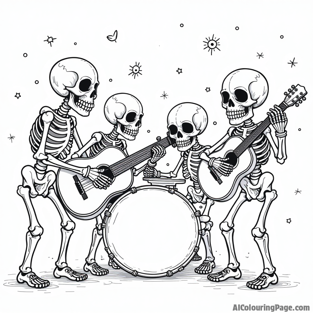 A group of friendly skeletons playing music together, creating a festive atmosphere for Day of the Dead, inviting kids to color and celebrate the joy of life and remembrance.