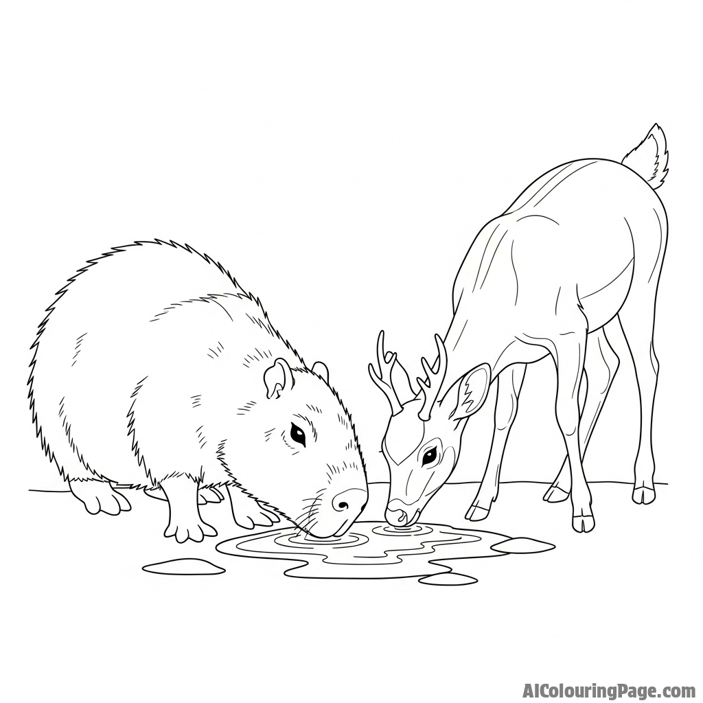 A capybara sharing a drink of water with a deer.