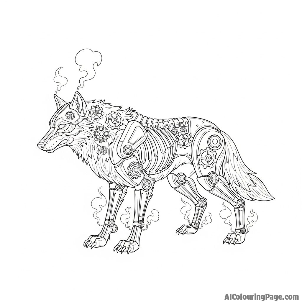 A fantastical mechanical wolf, with visible gears and cogs, steam venting from its joints.