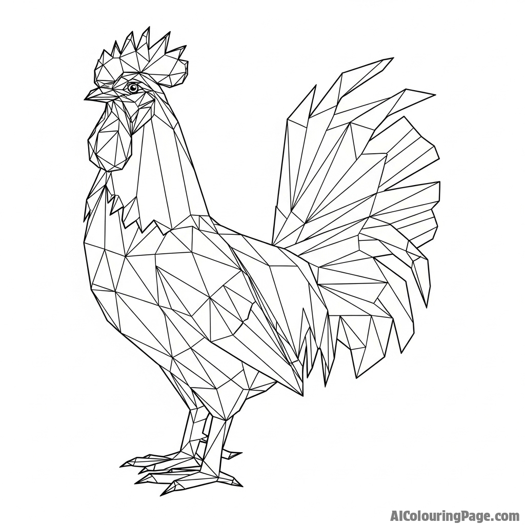 A low-poly, geometric digital art representation of a rooster.