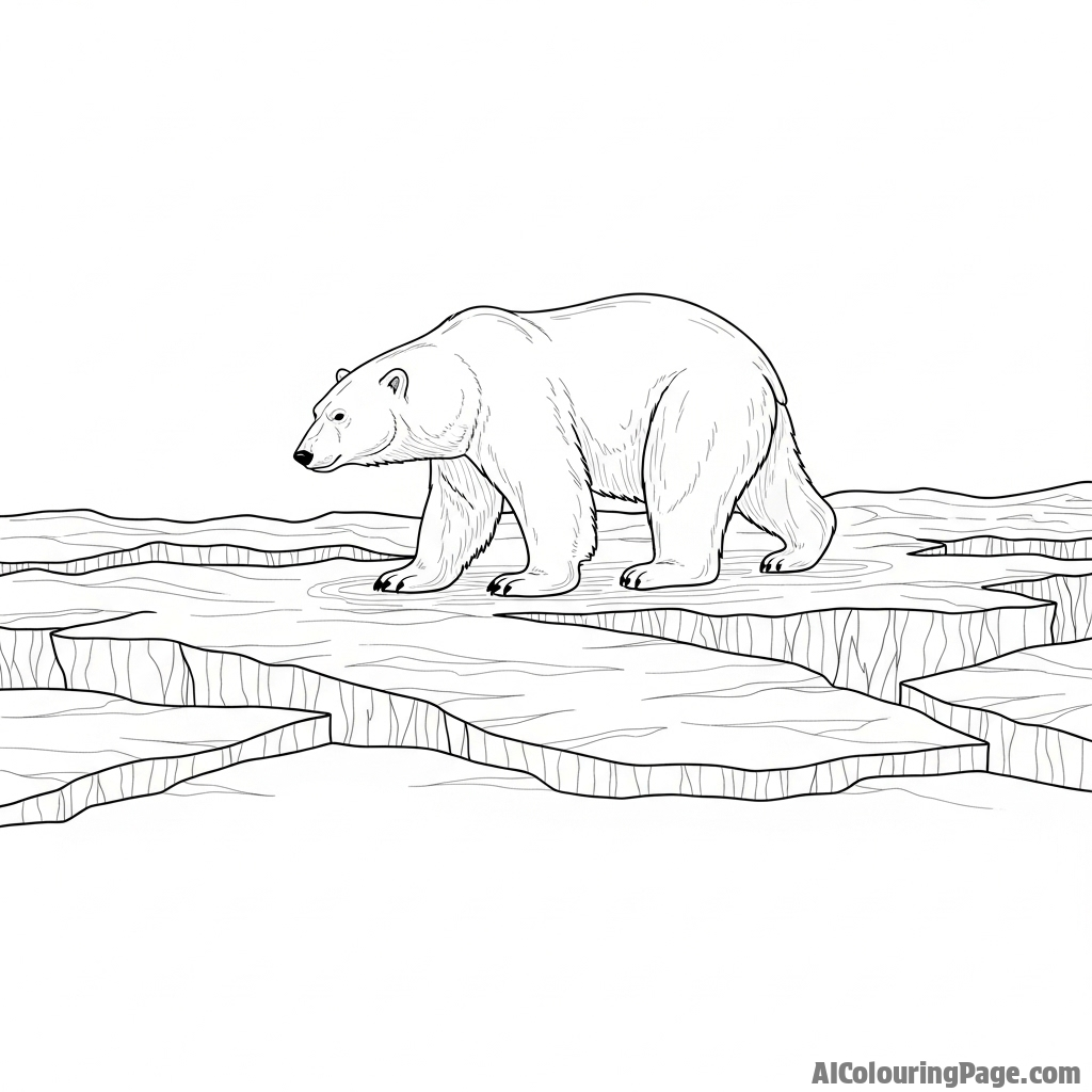 A solitary polar bear walking across a desolate, cracked ice field.