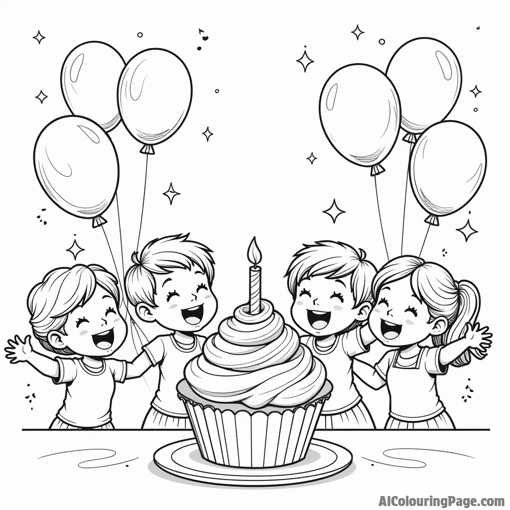 A cupcake-themed birthday party with balloons, a large birthday cupcake cake, and excited children singing and celebrating together.