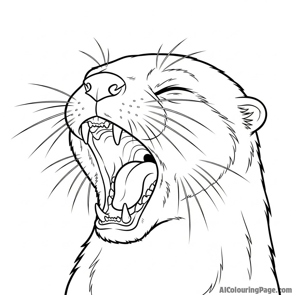 Close-up of an otter yawning, showing its sharp teeth.