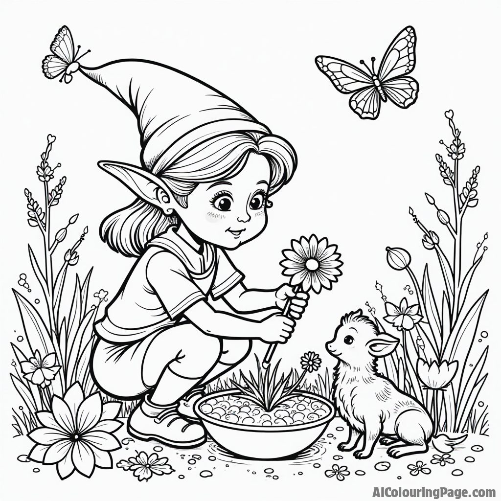 A friendly elf planting flowers in a garden filled with magical creatures, with butterflies fluttering around, creating an enchanting scene for kids to color in their favorite styles.