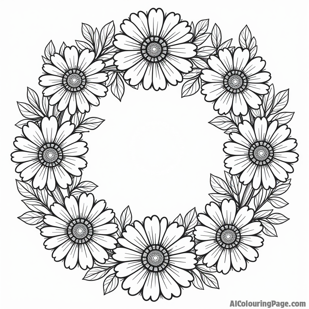 A traditional Day of the Dead marigold wreath with intricate details and butterflies, perfect for children to color while learning about cultural celebrations and traditions.