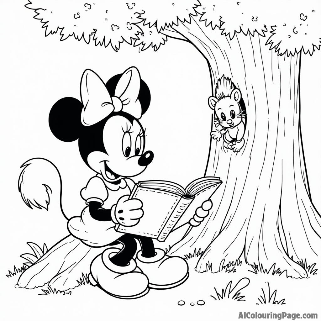 Minnie Mouse reading a storybook under a tree, with a curious squirrel peeking out from behind the trunk.