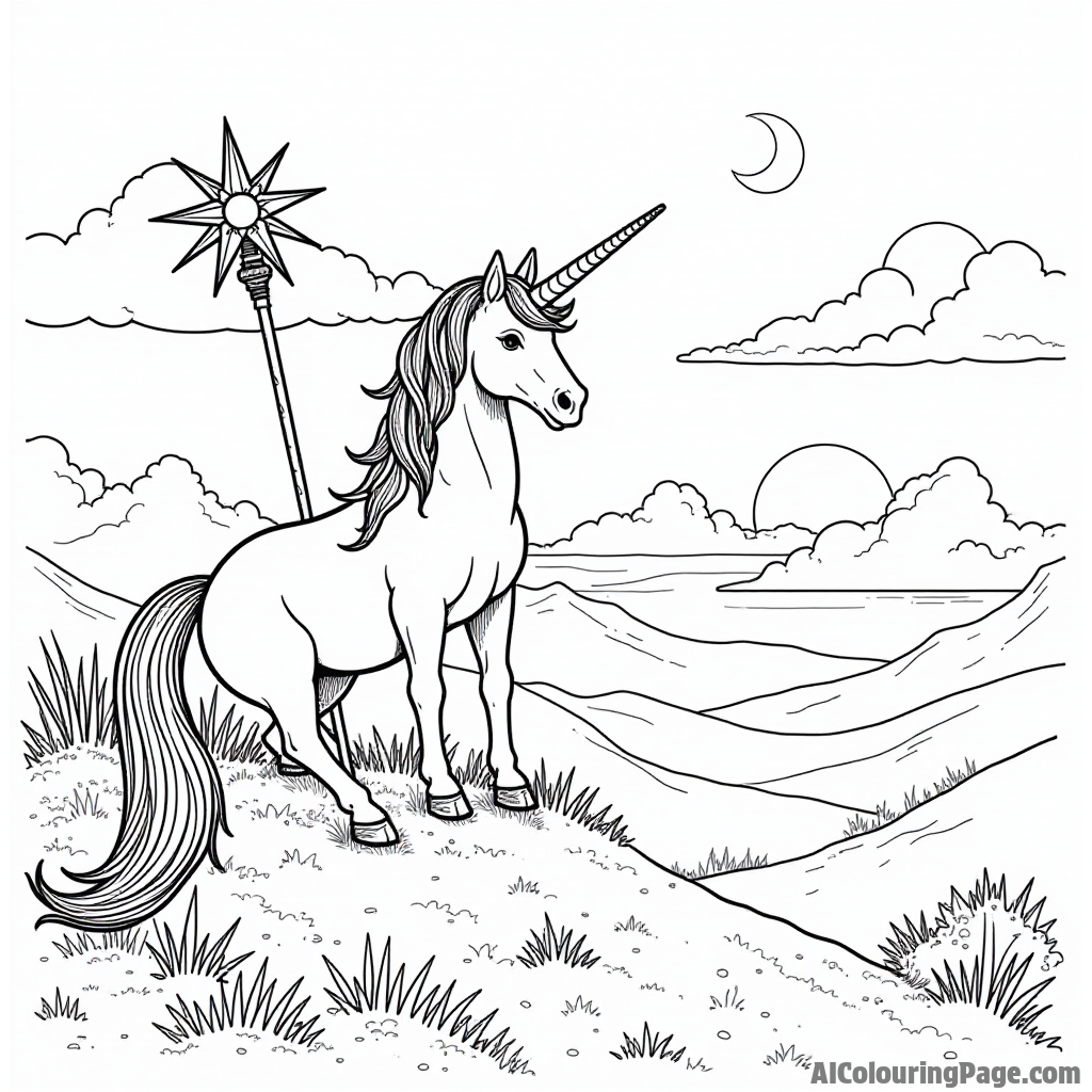 A unicorn with a magical staff sitting atop a hill overlooking a vibrant sunset, inspiring creativity in a fantasy world.