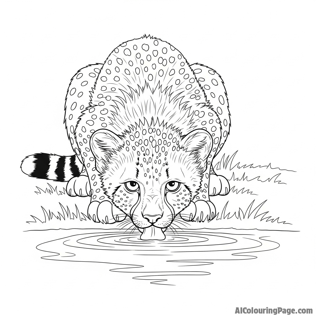A cheetah cub learning to drink, its face just inches above the water's reflective surface.