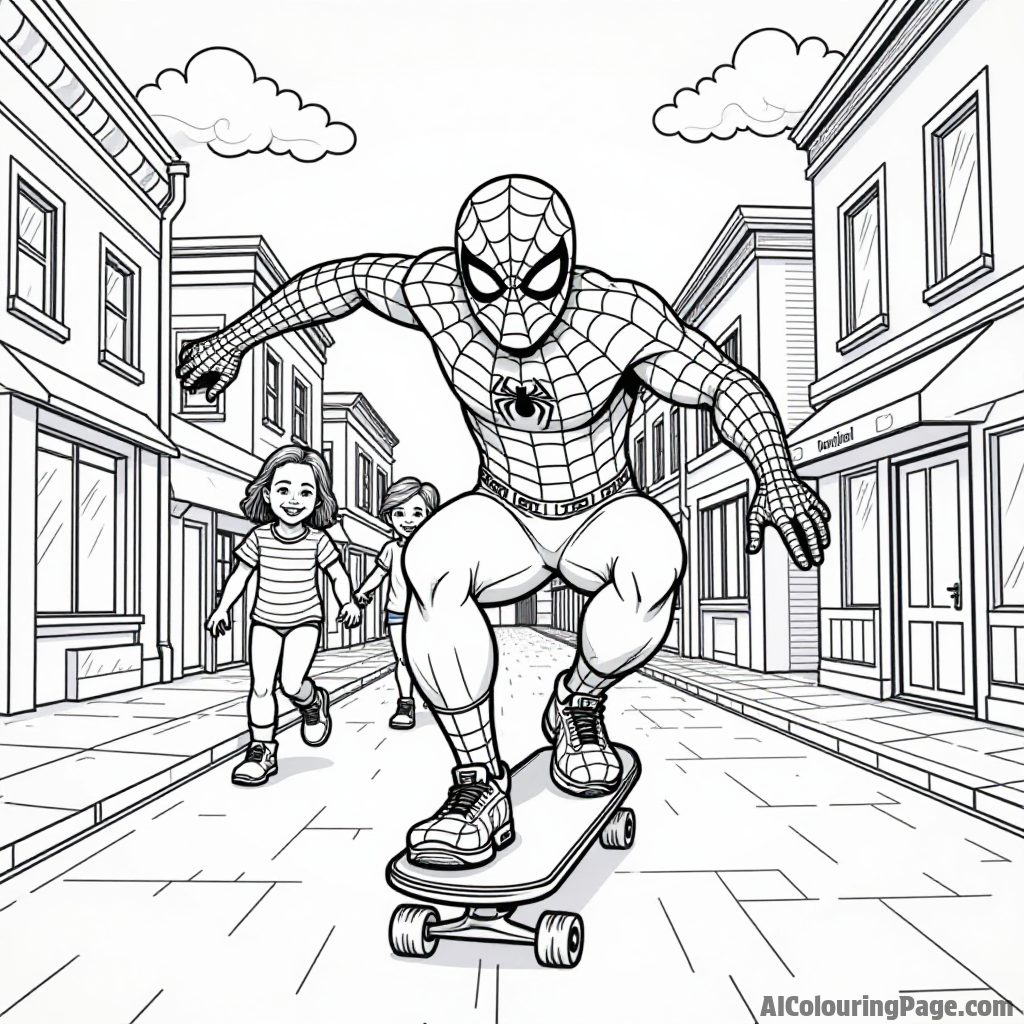 Spiderman riding a skateboard down a colorful street with children, everyone smiling and enjoying the sunny day