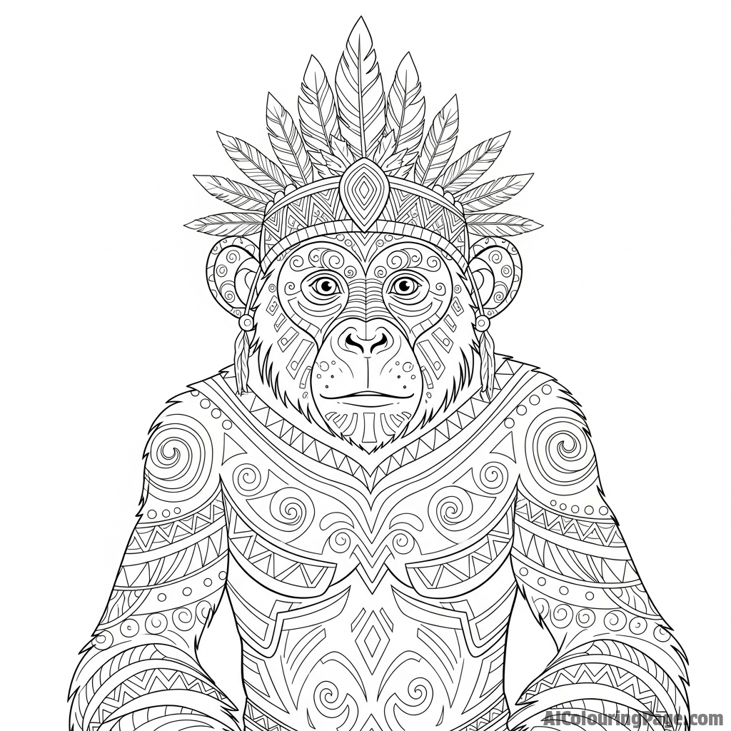 A fantasy scene of a monkey chieftain with intricate tribal body paint.