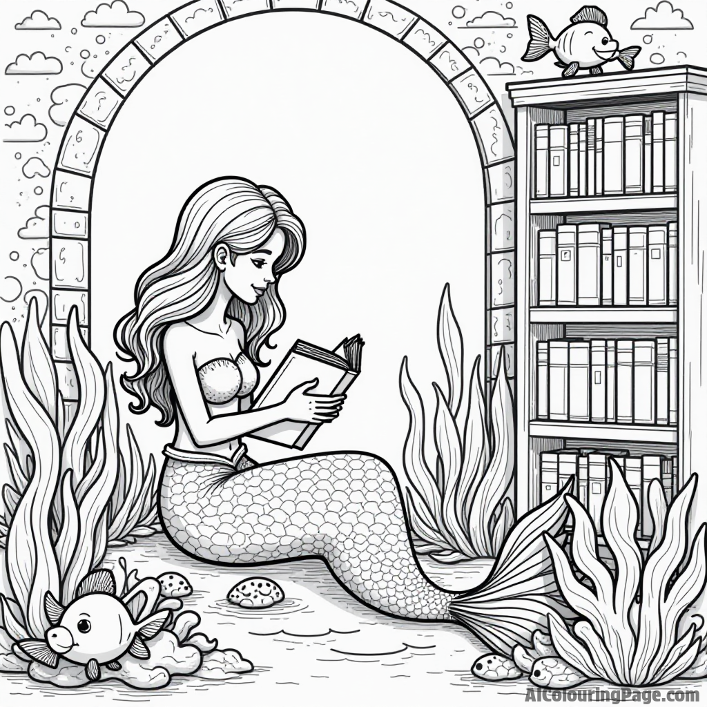 A whimsical underwater library where a mermaid reads books to her fish friends, surrounded by glowing sea plants.