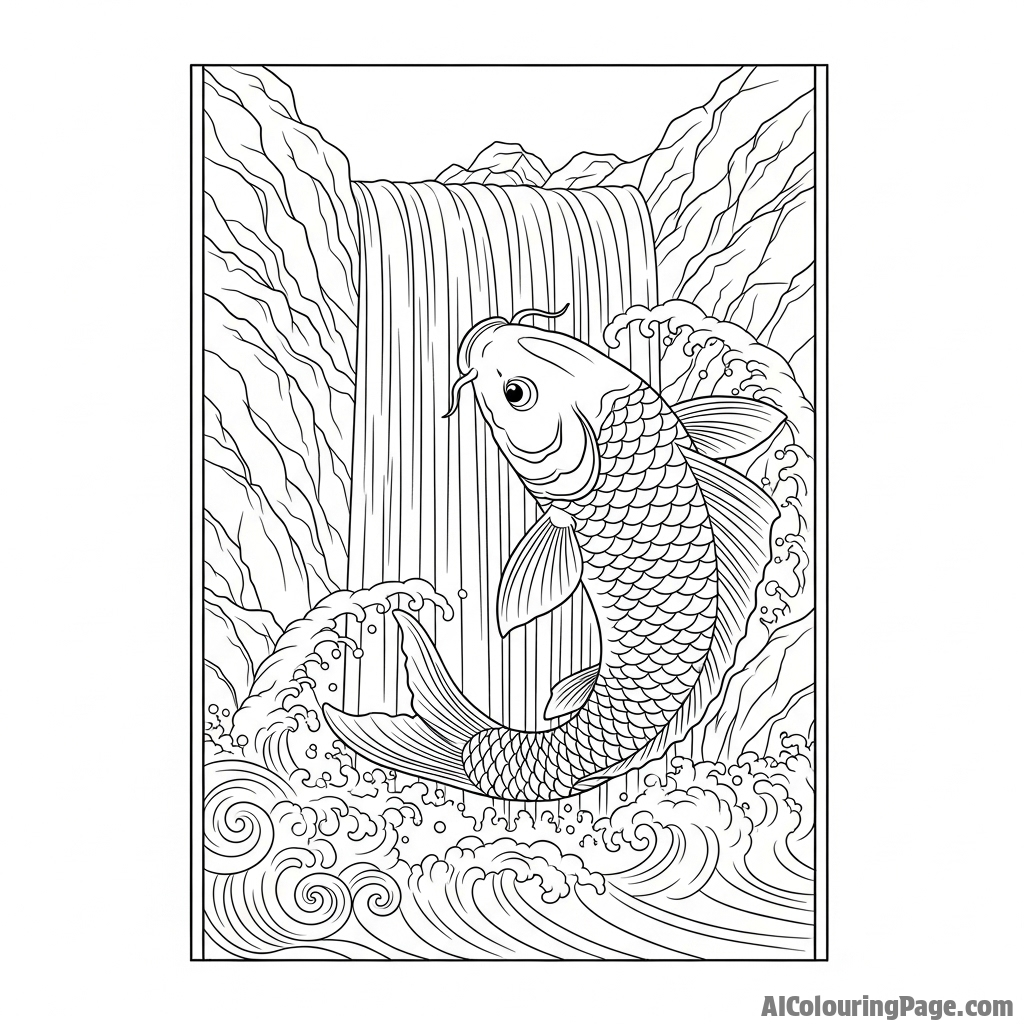 An ukiyo-e woodblock print of a powerful koi battling its way up a waterfall.