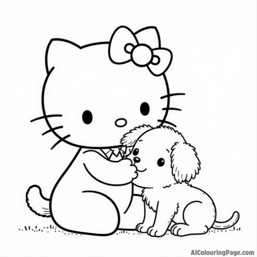 Hello Kitty playing with a puppy