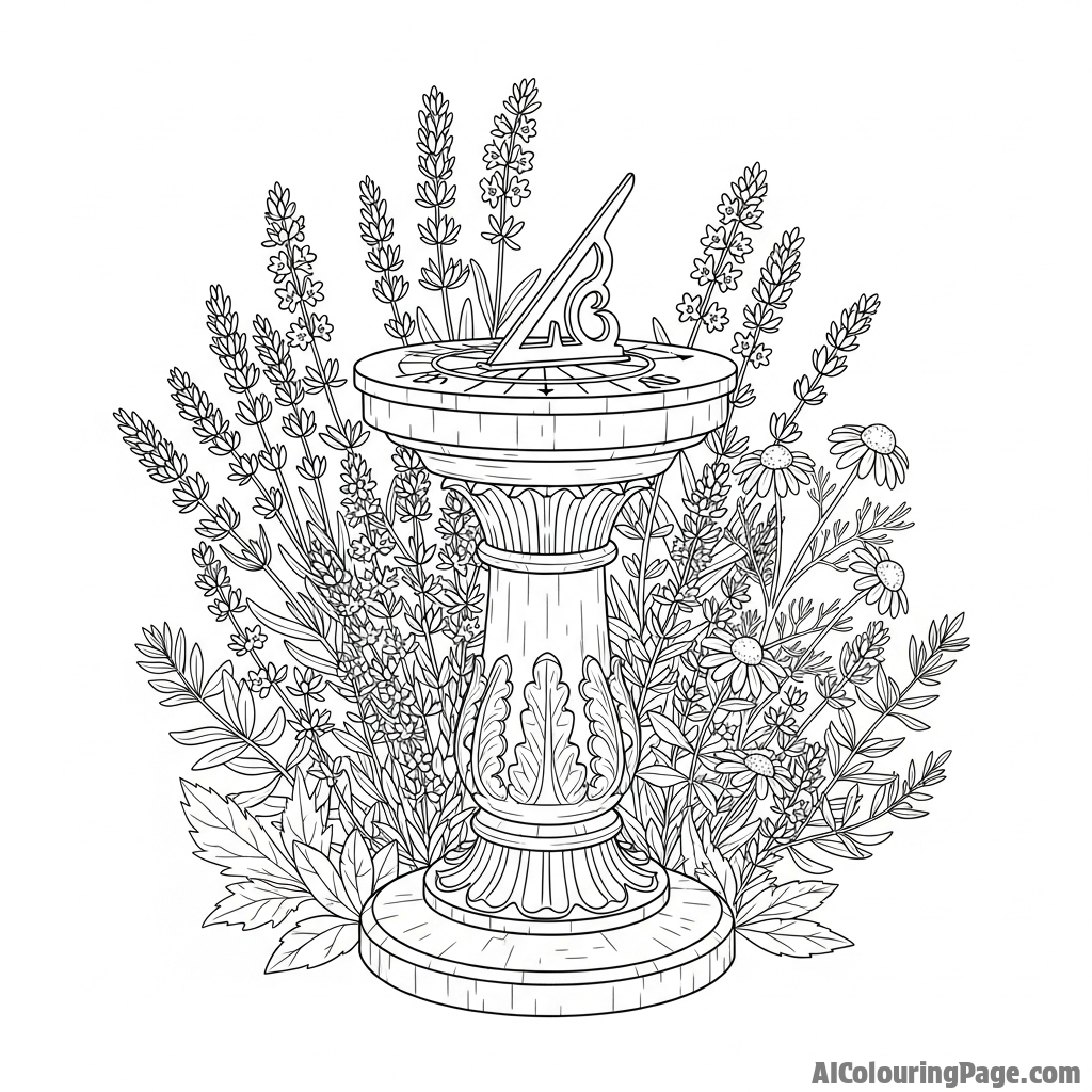 A sundial surrounded by blooming herbs.