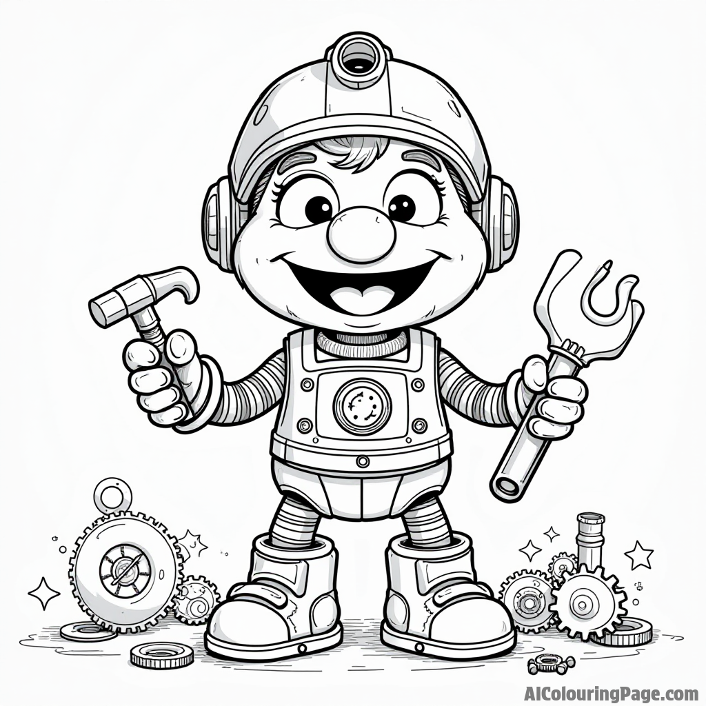 A Muppet baby building a robot with colorful parts and tools, surrounded by gears, bolts, and a big smile.