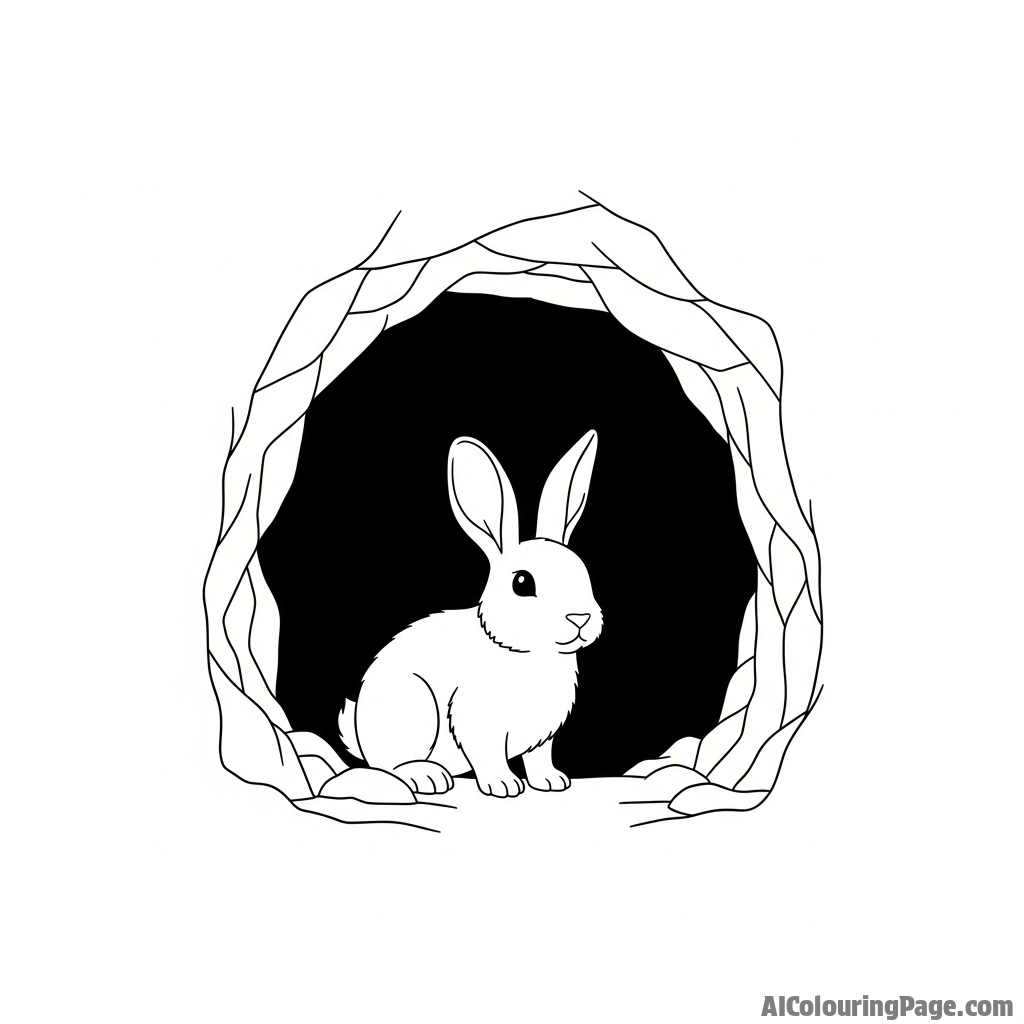 A rabbit's silhouette framed by the entrance of a dark cave.