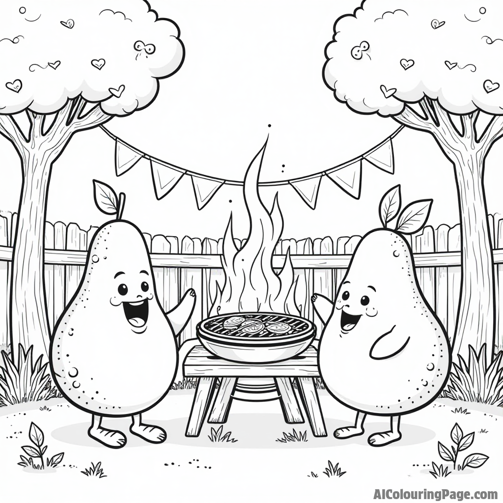 A pear family having a barbecue in their backyard with a grill, picnic table, and cheerful decorations for kids to color.