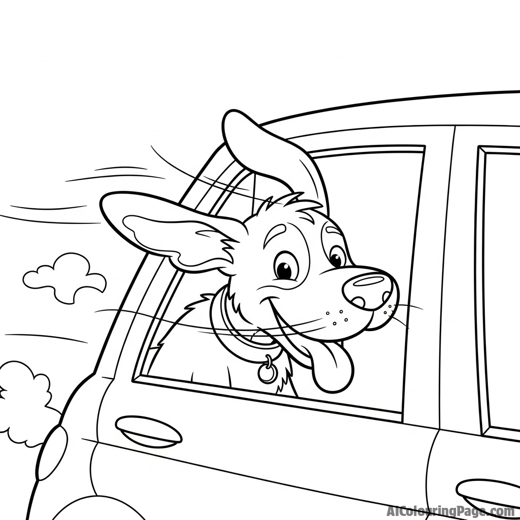 A dog with its head out of a car window, ears flapping in the wind.
