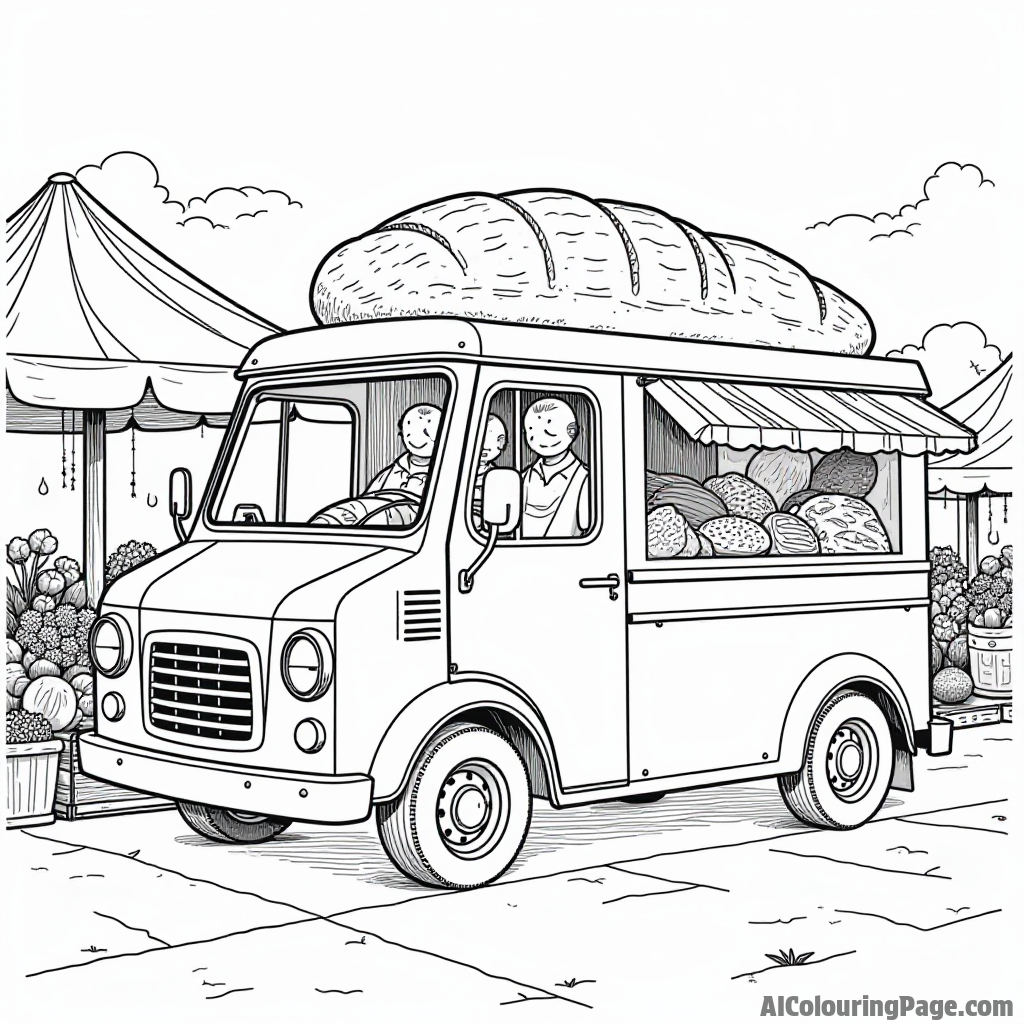 A whimsical bread truck filled with various types of bread, parked at a vibrant farmer’s market bustling with activity.