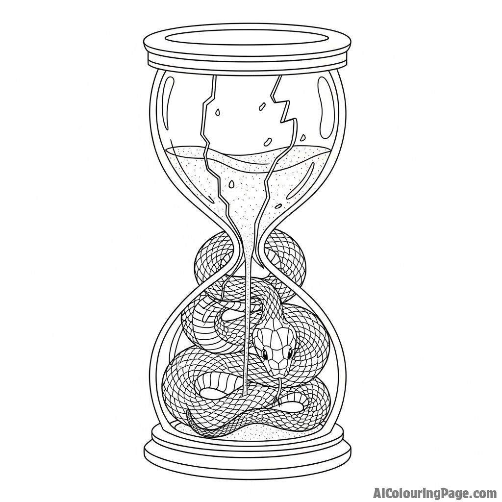 A snake coiled inside a broken hourglass, sand pouring over its scaly body.