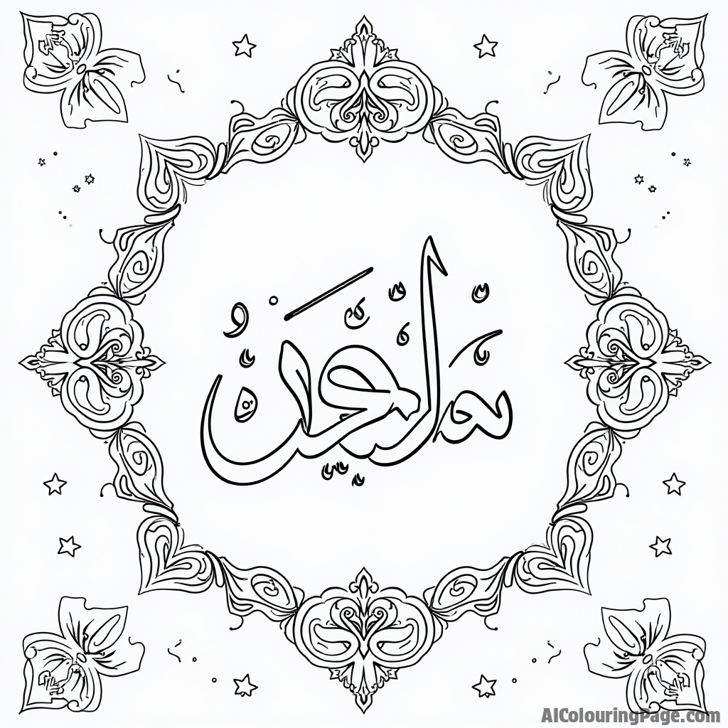 A traditional Ramadan greeting card design featuring elegant calligraphy and decorative motifs, perfect for kids to color and share with family and friends. Festivals and Traditions Coloring Sheets.