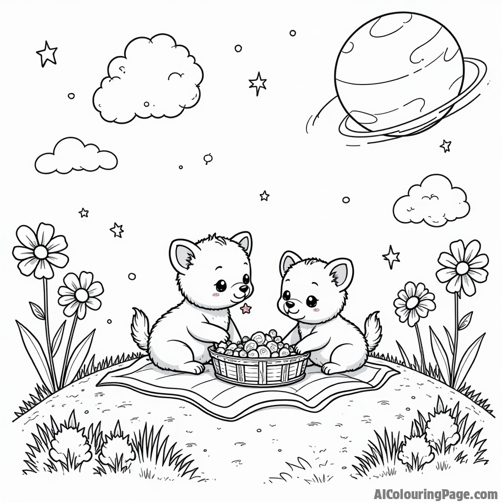 A group of adorable animals having a picnic on a planet, surrounded by three colorful flowers and a sparkling lake.