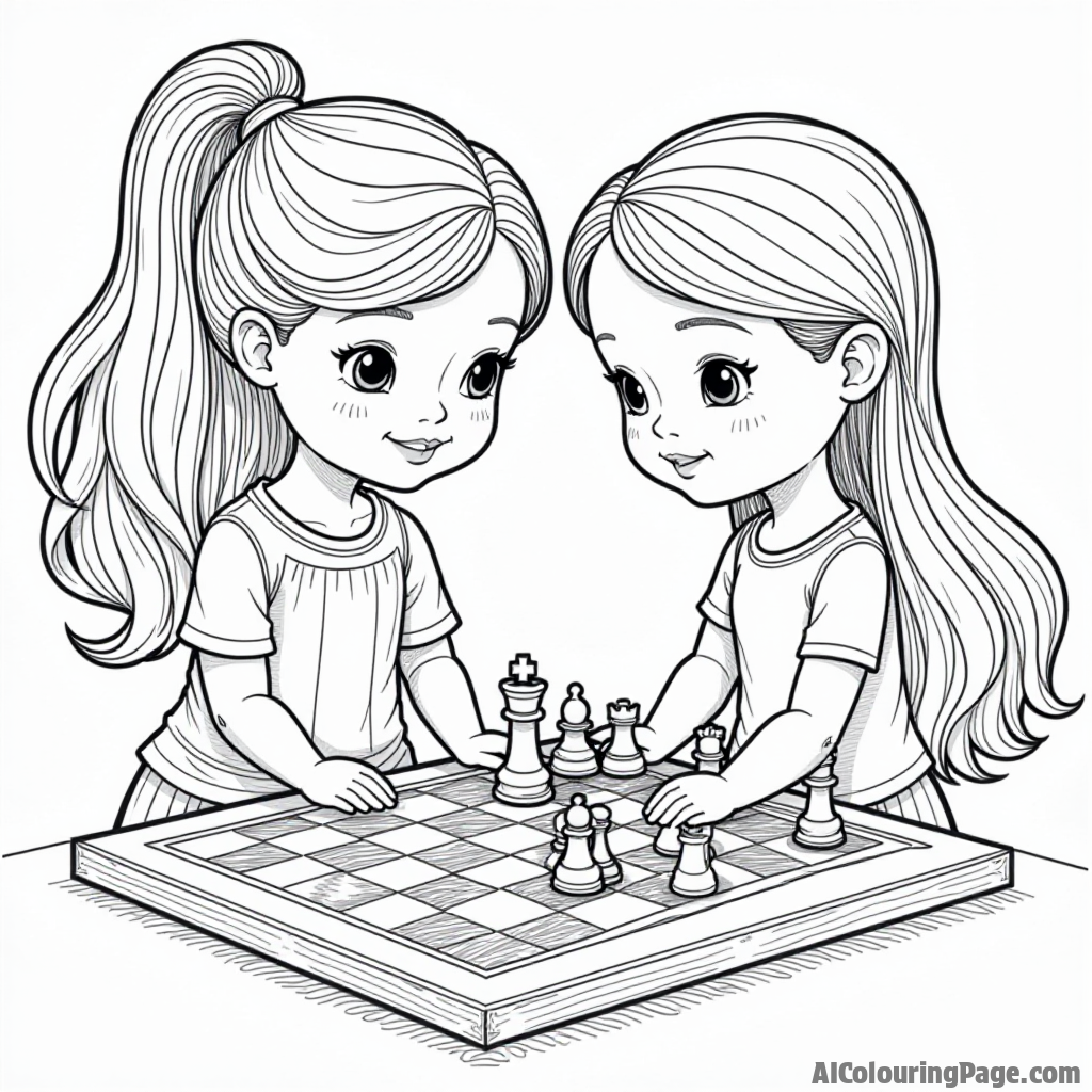 A doll playing chess with a friend, with a chessboard and pieces around, designed to inspire strategic thinking through a fun coloring activity.