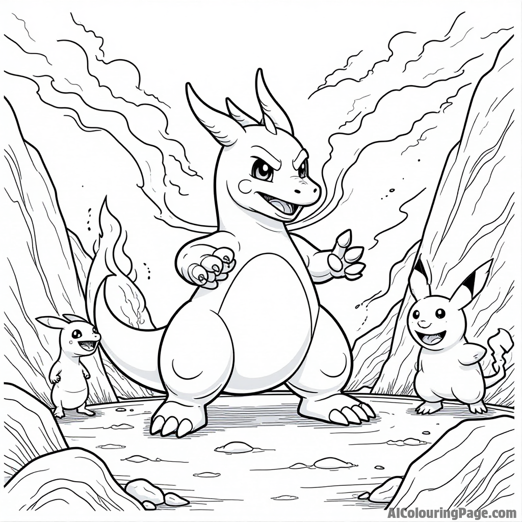 A fierce Typhlosion breathing fire in a rocky arena with cheering Pokémon surrounding it and a trophy nearby.