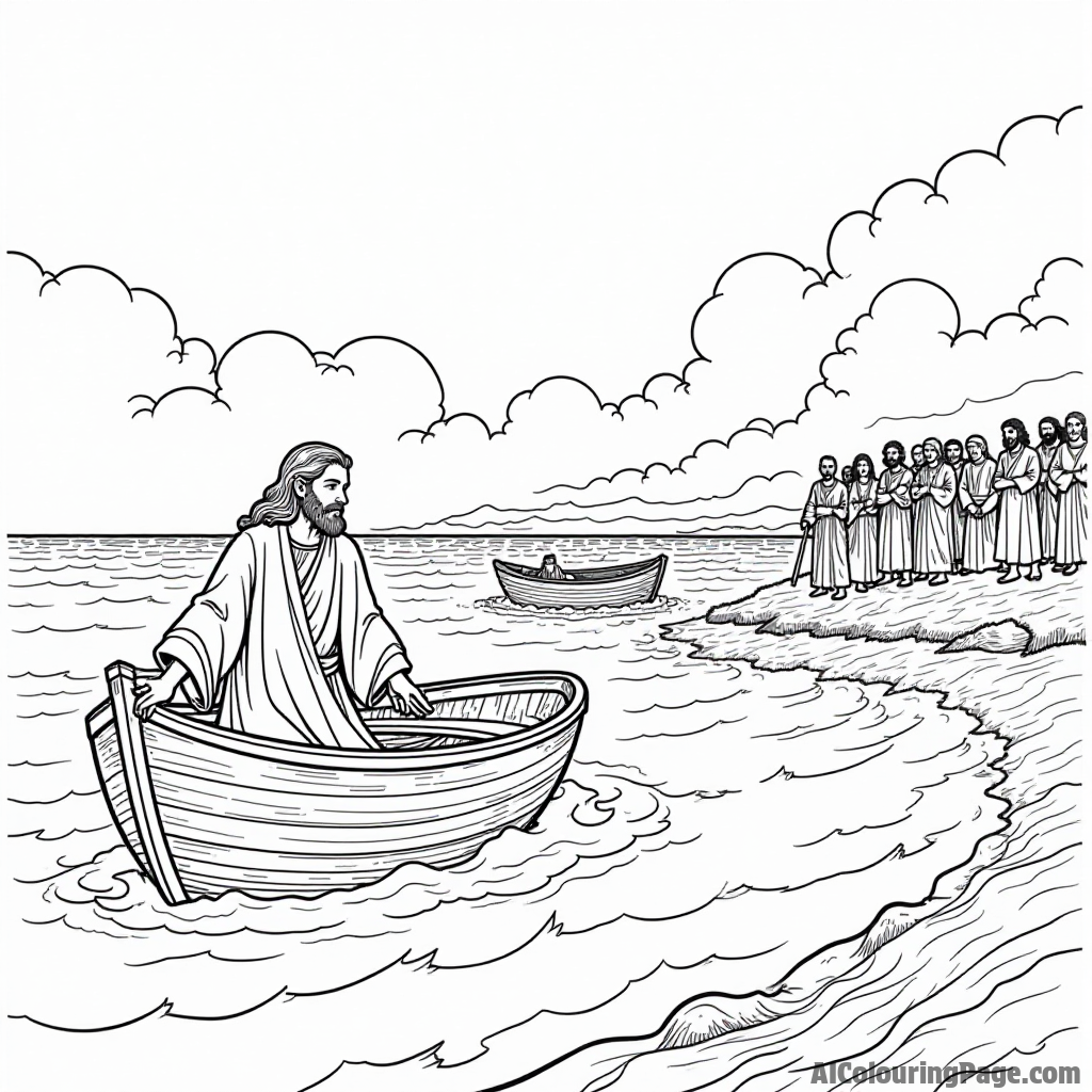 A scene of Jesus calming the storm, with boats on turbulent waters and amazed disciples watching in the background.