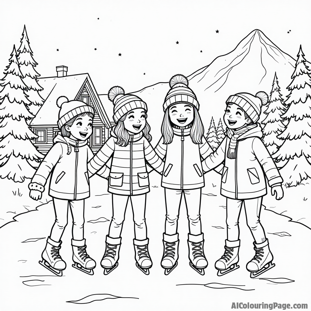 A group of friends ice skating together, laughing and having fun, with a cozy cabin in the background and snow-covered mountains, perfect for kids to color and enjoy winter sports.