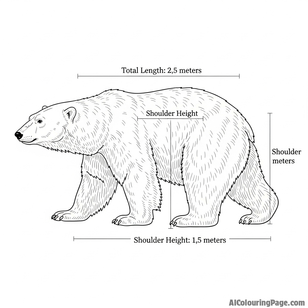 A vintage-style scientific illustration of a polar bear, annotated with measurements.