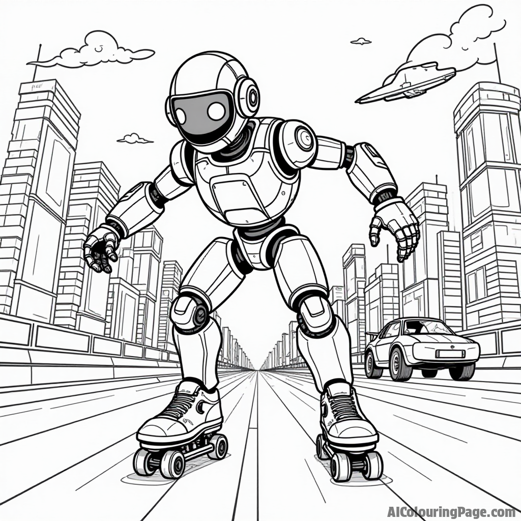 A cartoon robot roller-skating in a futuristic cityscape, with flying cars and neon signs, combining the excitement of technology and sports for an imaginative coloring experience.