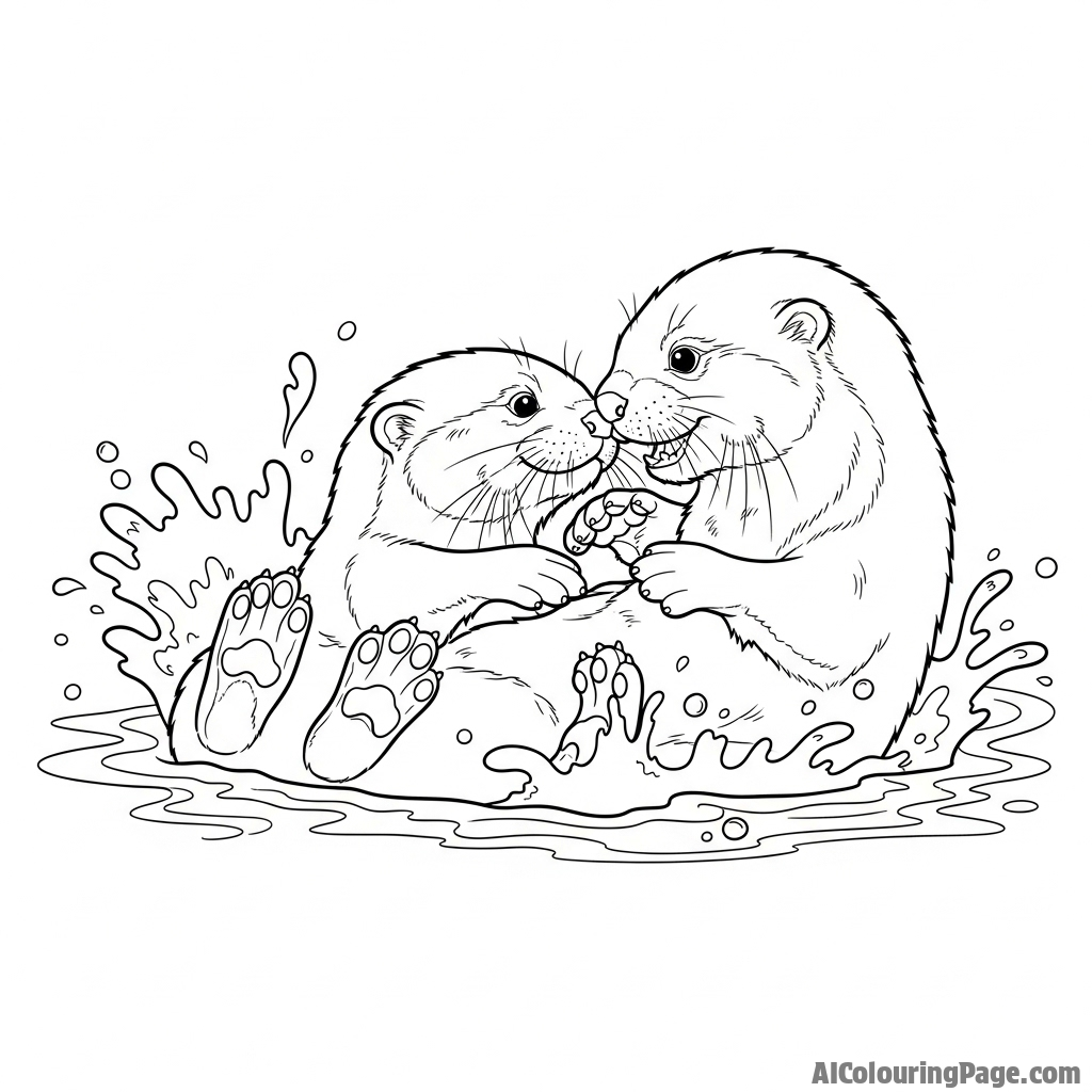 Two young otters playfully wrestling in shallow, bubbling water.
