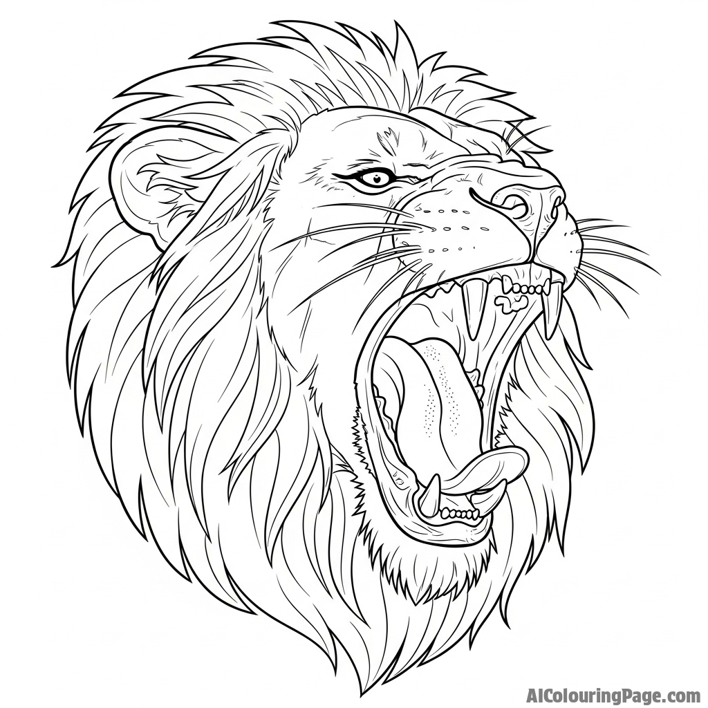 A lion yawning widely, revealing its formidable teeth and tongue.