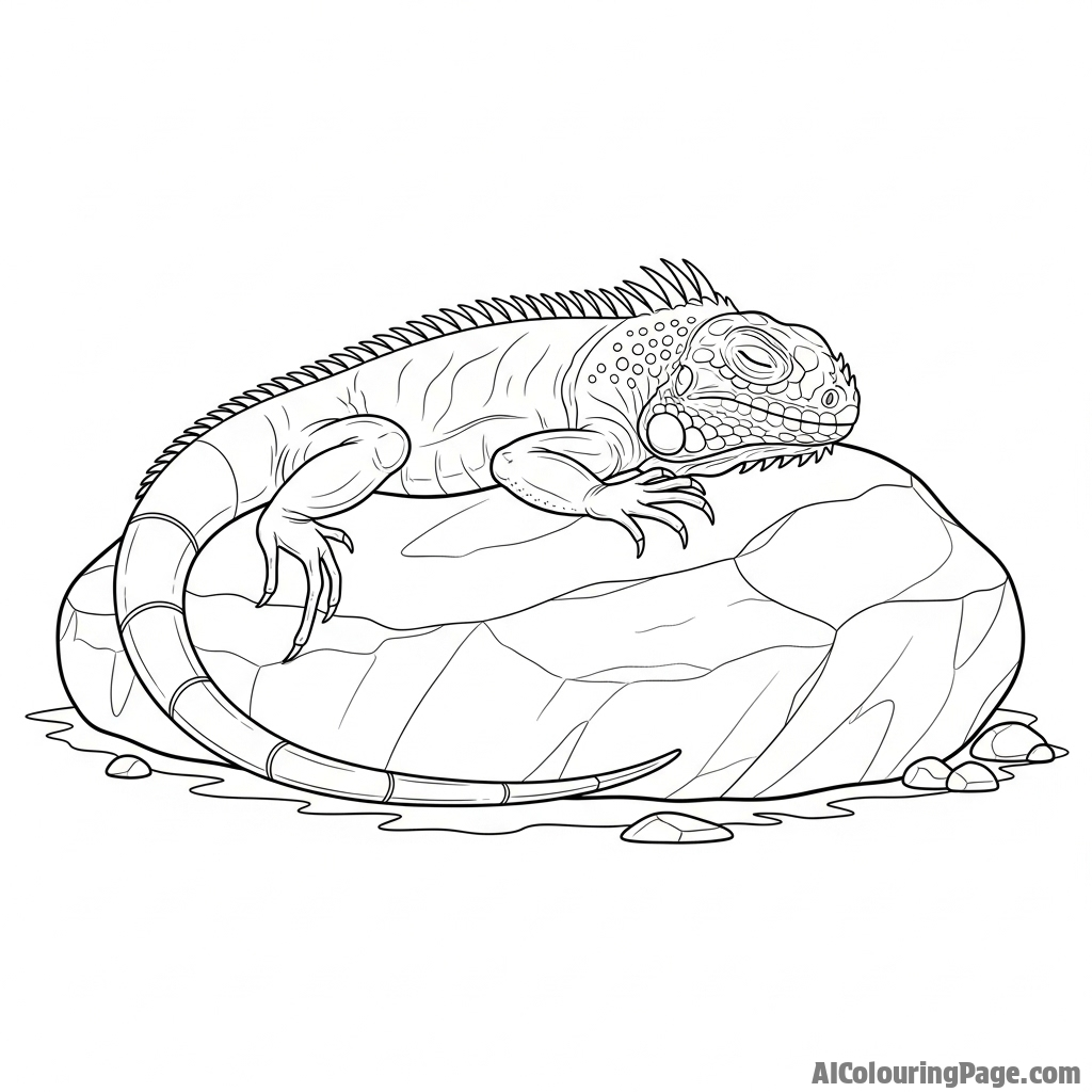 A tranquil scene of an iguana sleeping peacefully on a sun-warmed stone.