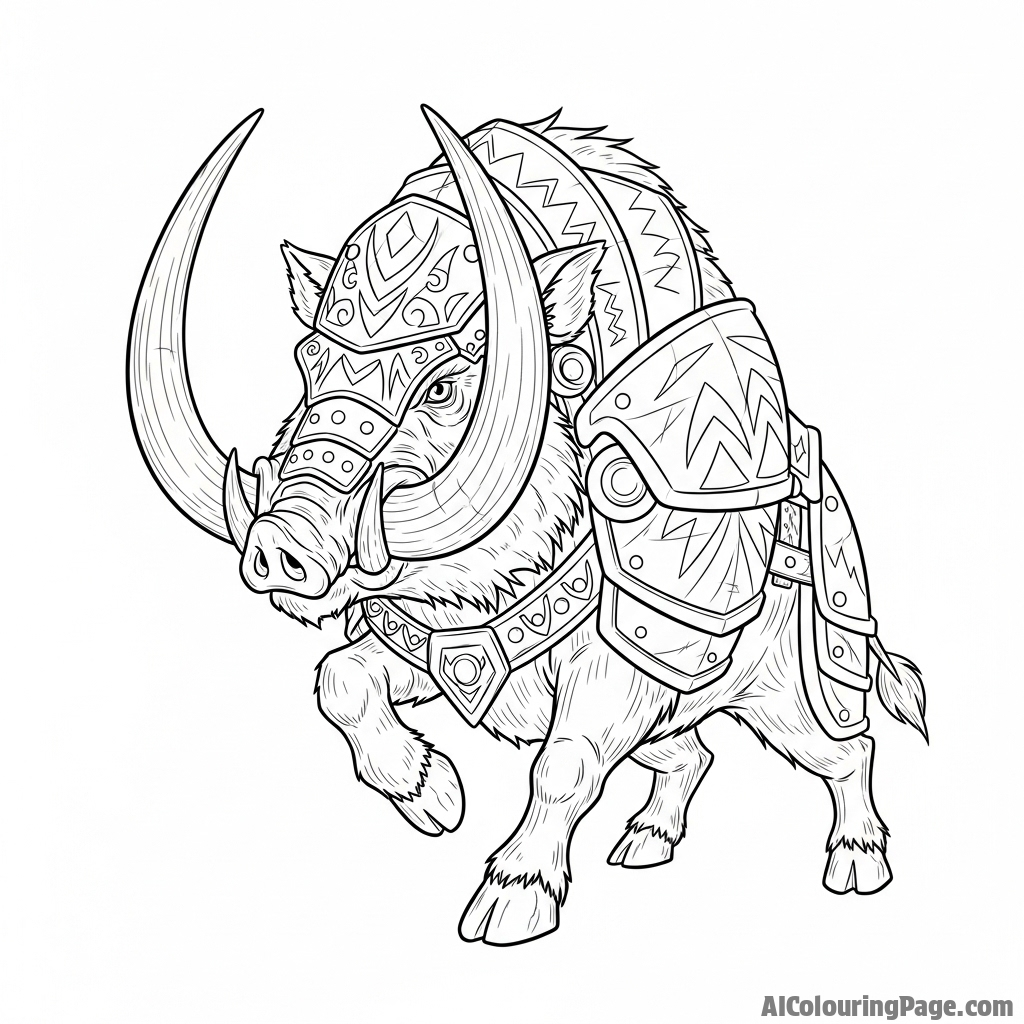 A fantasy illustration of a battle-boar with massive tusks, armored for war.