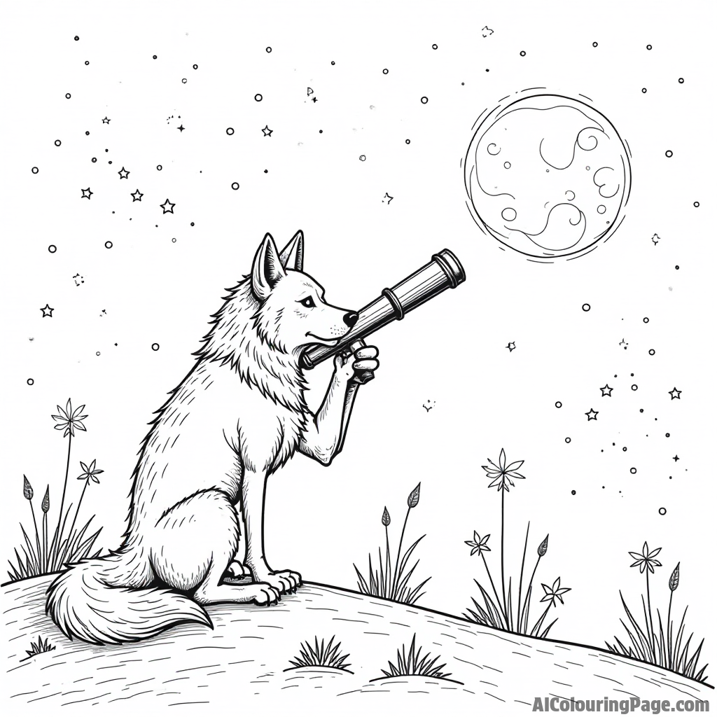 A werewolf studying the stars with a telescope on a hilltop surrounded by fireflies and a glowing moon.