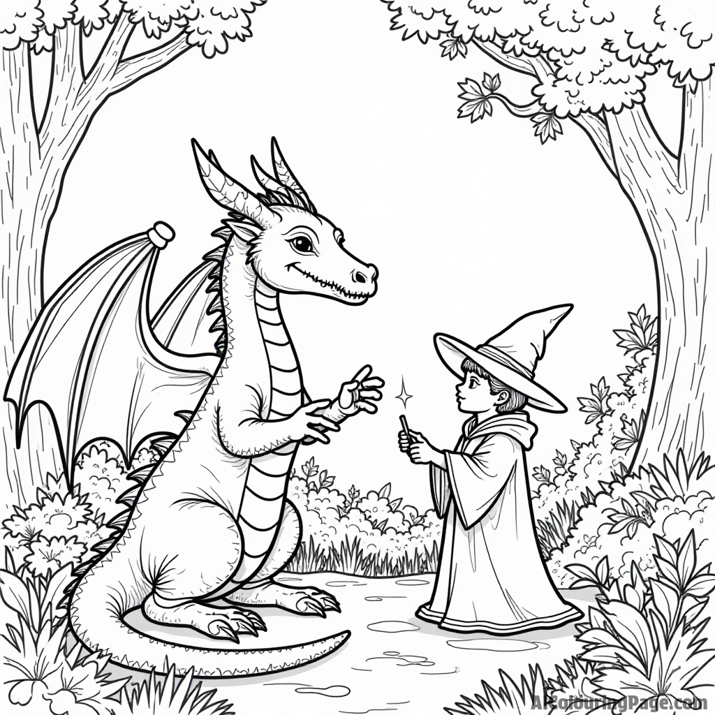 A dragon helping a young wizard practice spells in a mystical garden filled with magical creatures.