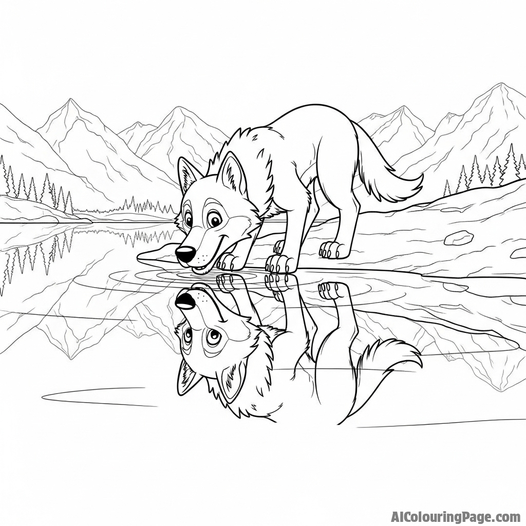 A wolf drinking from a perfectly still mountain lake, its detailed reflection looking back.