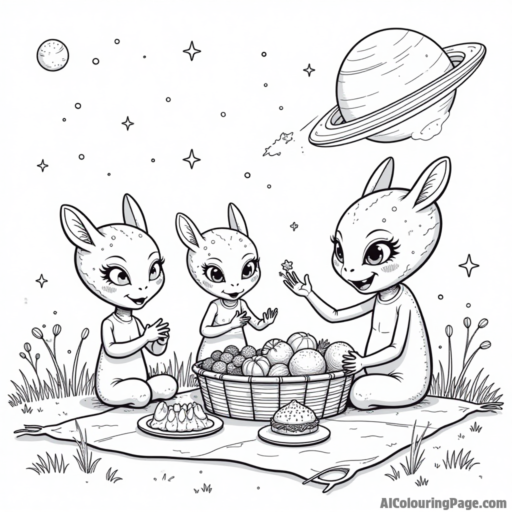 A quirky alien family having a picnic in space with funny food items and a shimmering starry background.