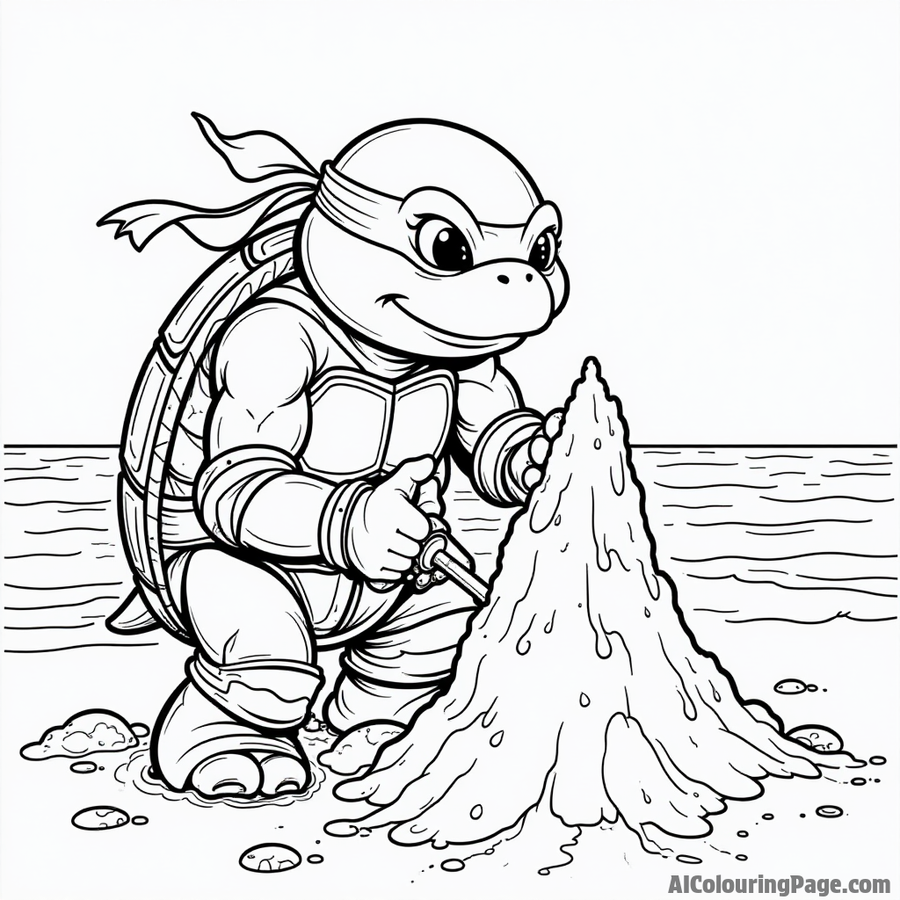 Ninja Turtle building a sandcastle on a beach