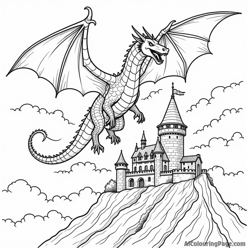 Dragon flying over a castle