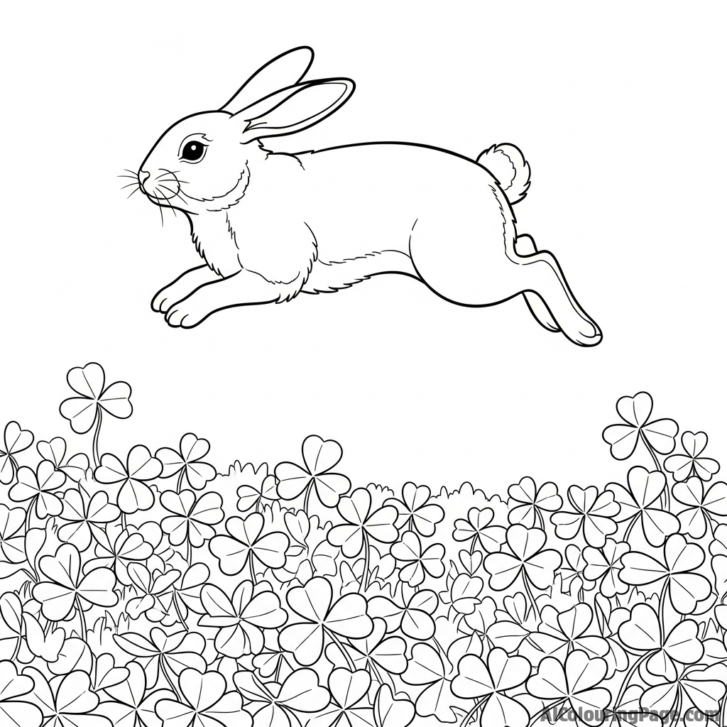 A rabbit mid-leap, suspended in air over a field of clover.