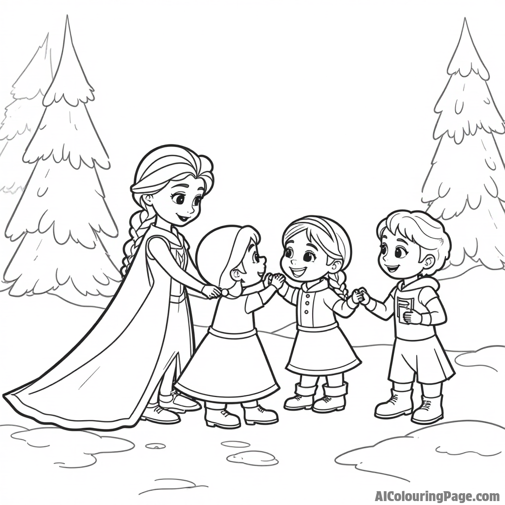 Elsa and her friends building a snow fort together