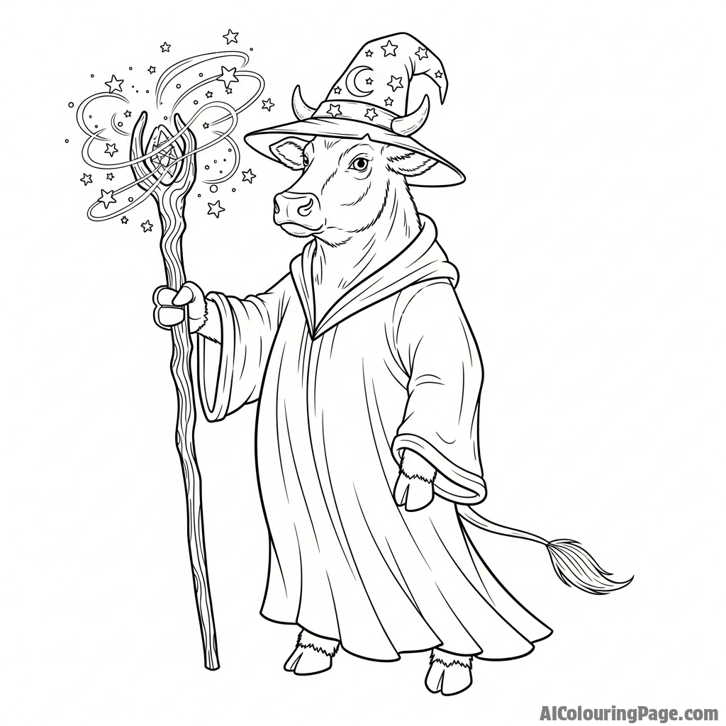 A cow as a powerful wizard, with a gnarled wooden staff casting a luminous spell.