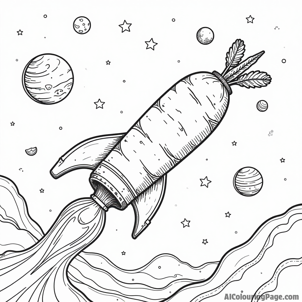 A whimsical carrot spaceship flying through a starry sky, with planets shaped like fruits and vegetables in the background.