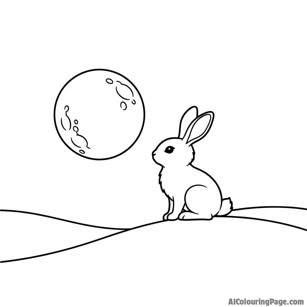 The silhouette of a bunny perched on a hill, gazing at the full moon.
