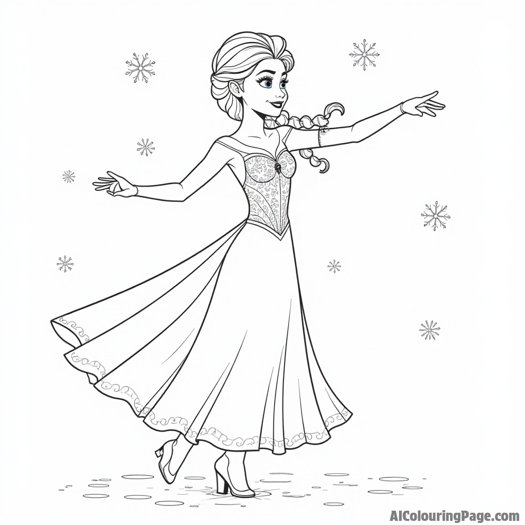 Elsa dancing with snowflakes falling around her in the air