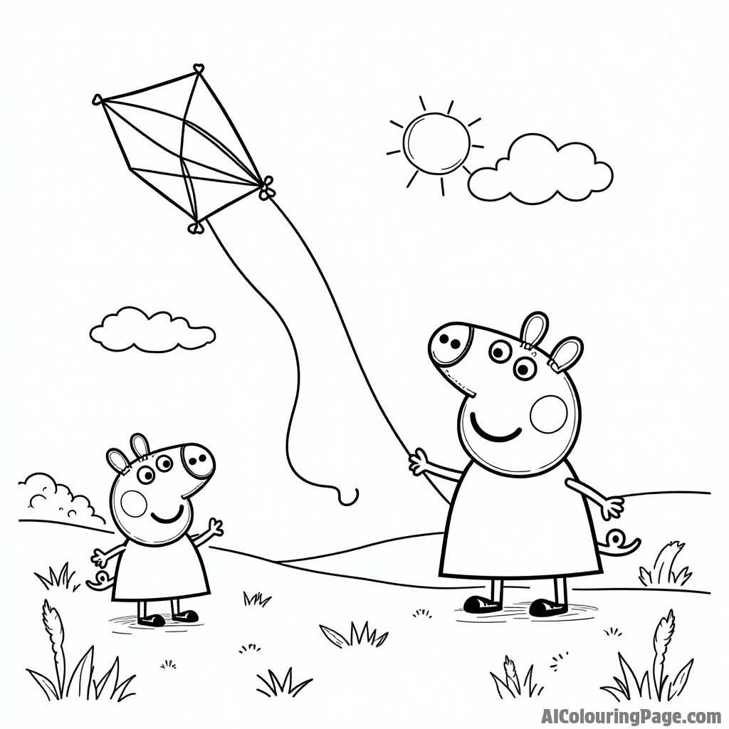 Peppa Pig and George Pig flying kites in a lush green meadow with fluffy clouds and a bright sun above.