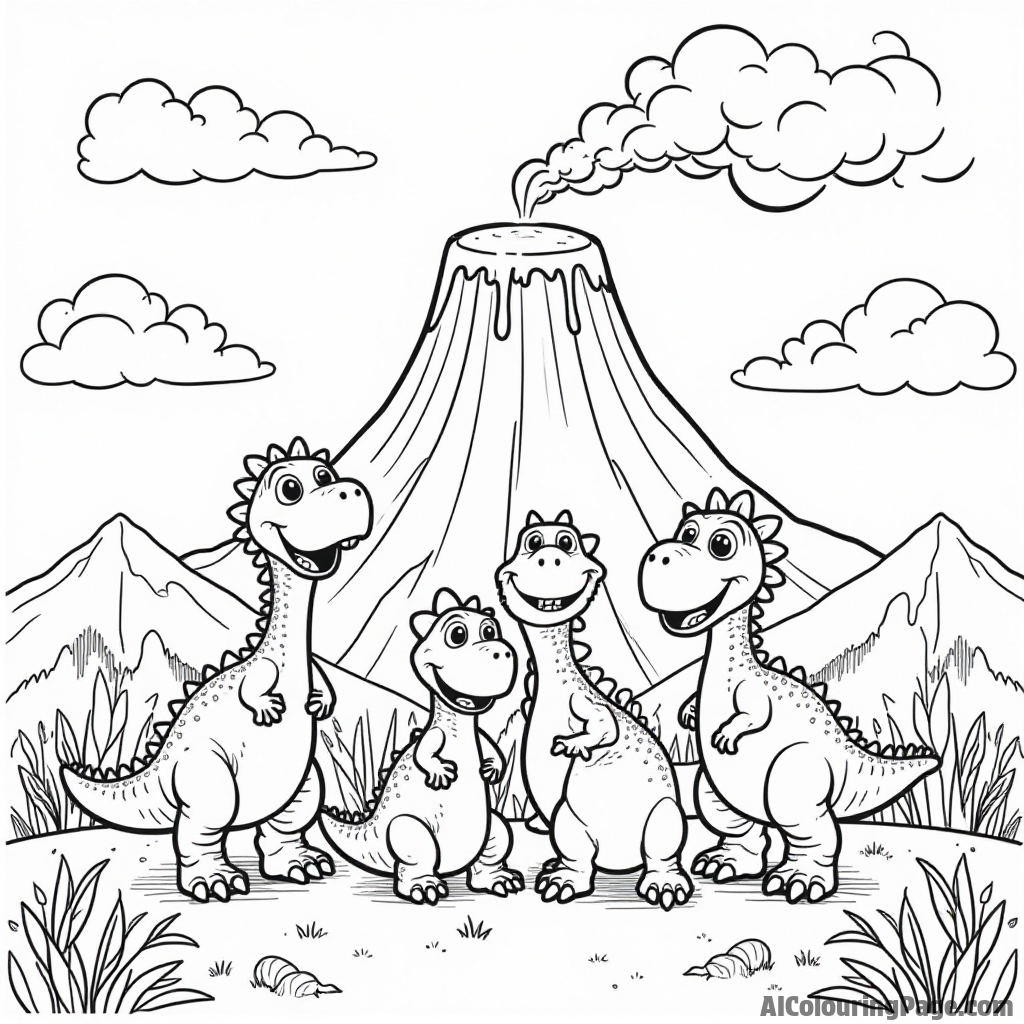 A cute dinosaur family taking a group photo in front of a majestic volcano with smiles all around.